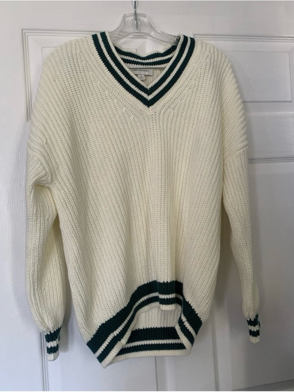 Free Assembly Cream V-Neck Sweater with Green Stripes - Women's Size S